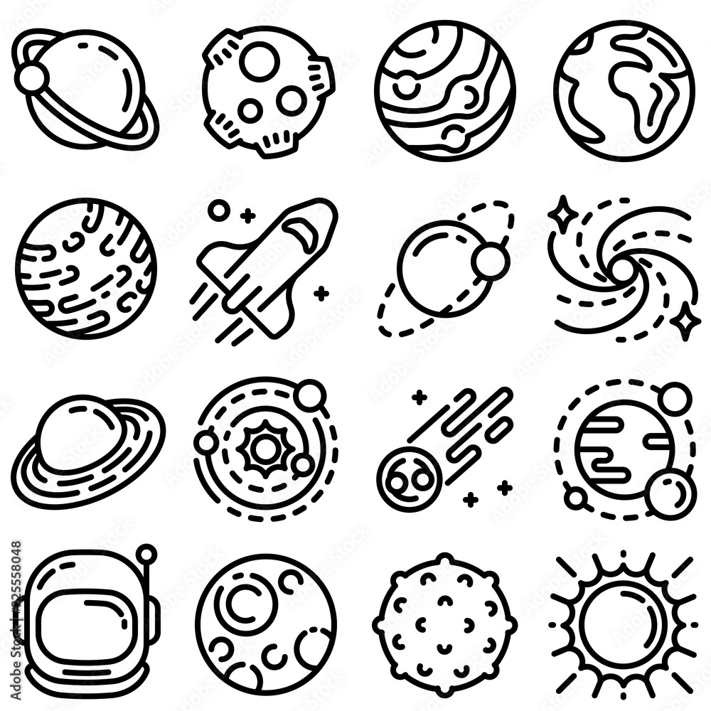 Poster planets icon set. outline set of planets vector icons for web design isolated on white background