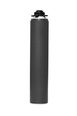 Tank with foam construction isolated on white. PU expanding foam tube isolated on white. Cylinder...