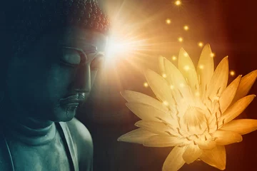 Aluminium Prints Buddha peace buddha face enlighten with golden lotus light of buddhist peace