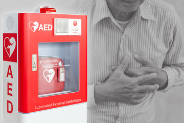 AED or Automated External Defibrillator first aid device for help people stroke or heart attack in public space - obrazy, fototapety, plakaty