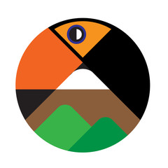 Stylized curved toucan bird with mountains logo