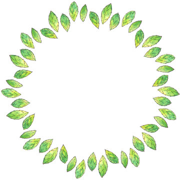 Round watercolor frame of green birch leaves