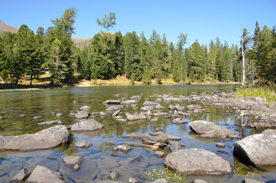 Russia, mountain Altai, river Multa flows from the lower Multinskoe lake