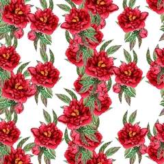 Fotobehang Tropische Bladeren Pattern of Red peonies. Passionate flowers on a white background  © WI-tuss