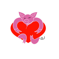Pig with heart. Vector Illustration. Cartoon funny pig. Pig with heart for Valentine's day card.