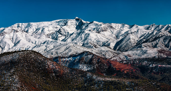 Morocco, Marrakesh-Safi, Al Haouz. Panorama of High Atlas mountains covered with snow.