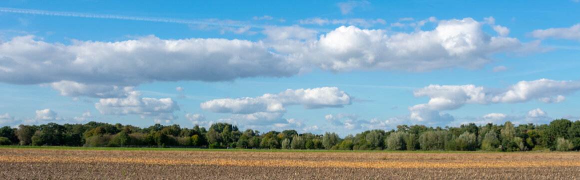 Landschaftspanorama mit Wolkenhimmel mit Wald und Feld. Standort: Deutschland, Nordrhein - Westfalen, Borken