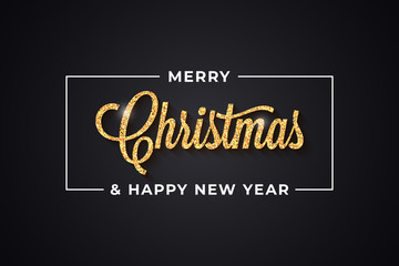 Christmas golden vintage lettering with Merry xmas border on black background