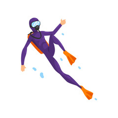 Man in diving suit and fins swimming underwater with scuba vector Illustration on a white background