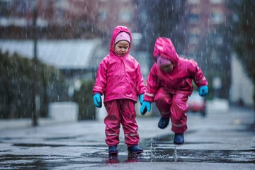 Girls are having fun in water on street in cold autumn day, girls splashing water in rain, happy and cheerful girls enjoying cold weather, kids in pink rain coats and rubber boots 