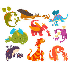 Volwassen draken en baby draken set, families van mythische dieren stripfiguren vector illustratie op een witte background