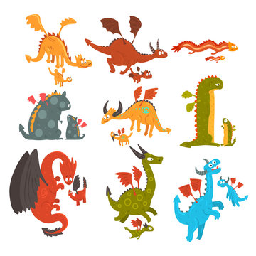 Mature dragons and small baby dragons set, loving mothers and their kids, families of mythical animals cartoon characters vector Illustration on a white background