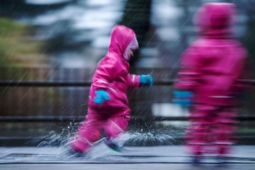 Obraz premium Girls are having fun in water on street in cold autumn day, girls splashing water in rain, happy and cheerful girls enjoying cold weather, kids in pink rain coats and rubber boots