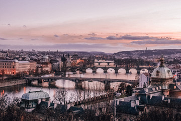Fototapeta na wymiar view of Prague and its bridges crossing the Vltava river