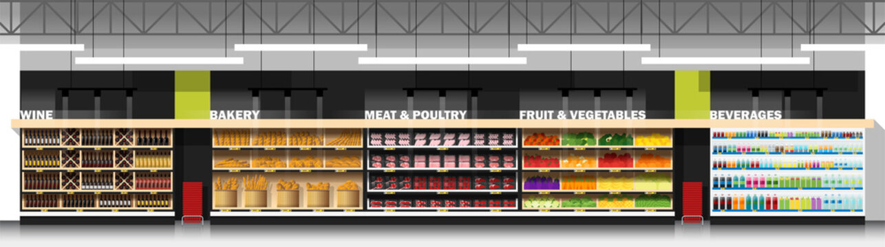 Interior scene of modern supermarket with products , vector , illustration