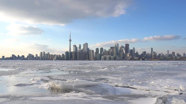 Toronto Island ferry view of ice filled Inner Harbour and city skyline in 2018. Some bumpy motions due to ice breaking actions of the boat