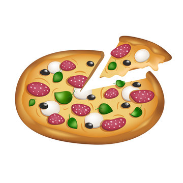 Vector illustration. Sliced italian pizza with pepperoni and mozzarella and olives, isolated on white.