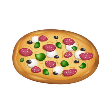 Vector illustration of italian pizza with pepperoni and mozzarella and olives slices, isolated on white.