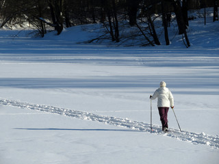 Woman cross country skier walking in the snow in the winter park. Skiing on nature, winter sports,...
