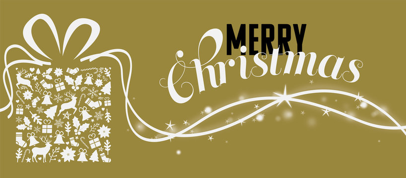 christmas greeting card on a golden background with a lot of glimmer