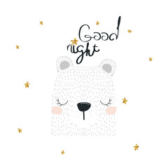 Good night cute print with polar bear.Vector hand drawn illustration.