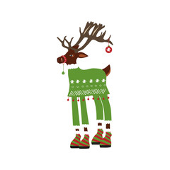 Happy Christmas greeting card in cartoon style with cute deer. Flat style of icons for winter seasonal greeting card, invitation, , nursery decor, t-shirt, banner, interior design.