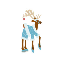 Cute Christmas reindeer icon.  Wild comic deer in blue coat. Template design for winter seasonal greeting card, happy holiday new year event background. Vector illustration