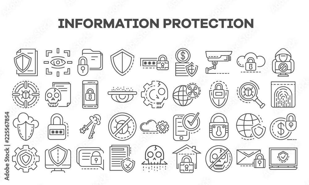 Poster computer security icon set. outline set of computer security vector icons for web design isolated on