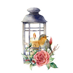 Watercolor lantern with candle and robin. Hand painted traditional holiday decor, lantern with rose and plant isolated on white background. For design or print.