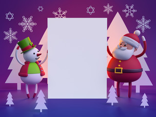 3d render, Christmas illustration, snowman and santa claus holding blank banner, white page, snowflakes, festive greeting card template, isolated on violet purple background
