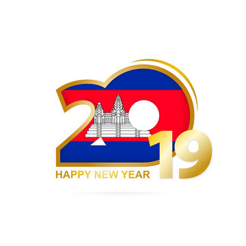 Year 2019 With Cambodia Flag Pattern. Happy New Year Design.