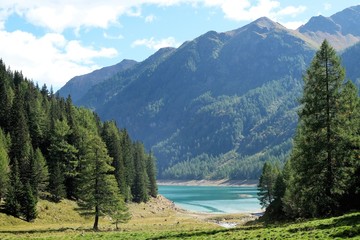 paesaggio montagna lago natura acqua alberi verde bosco foresta cime rocce 