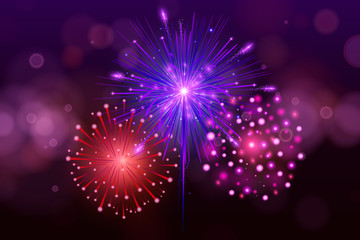 Festive Colorful fireworks on black background. Set of Vector realistic fireworks illustration. New Year Christmas firework.