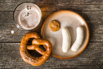 The bavarian weisswurst, pretzel and mustard. - obrazy, fototapety, plakaty