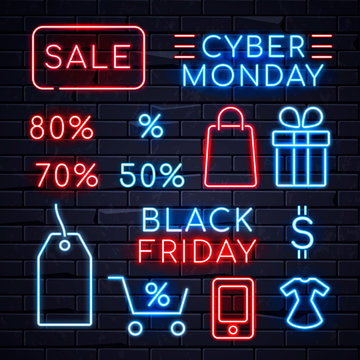 Illuminated neon signs logo frame light electric banners glowing on black brickwall background,big huge sales concept set.Neons sign logos Black friday Cyber monday,percent sale billboards
