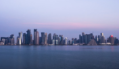 Fototapeta na wymiar Morning Twilight Doha Skyline View. Qatar, Middle East