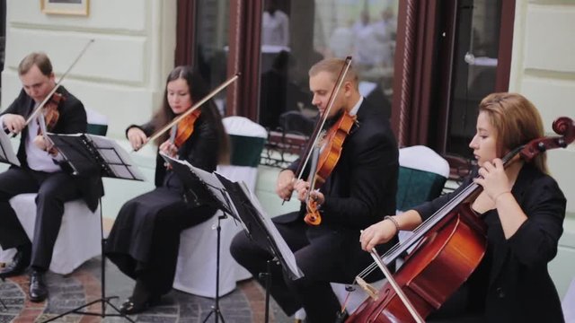 Musician playing violin outdoors. 
Violint play music for the wedding. Violin under the open sky. Wedding music concept.