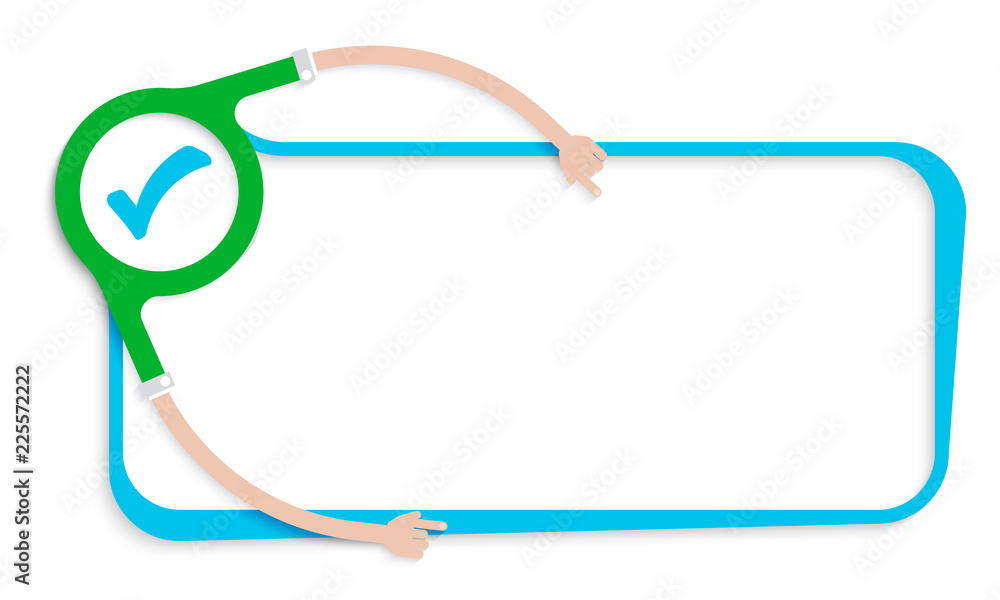 Poster blue text frame for your text and check box. hands holding mark with check box