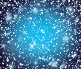 Abstract night blue winter background with white snowflakes.