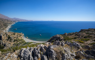 View of Preveli Beach palm beach from the mountain of Crete, Greece