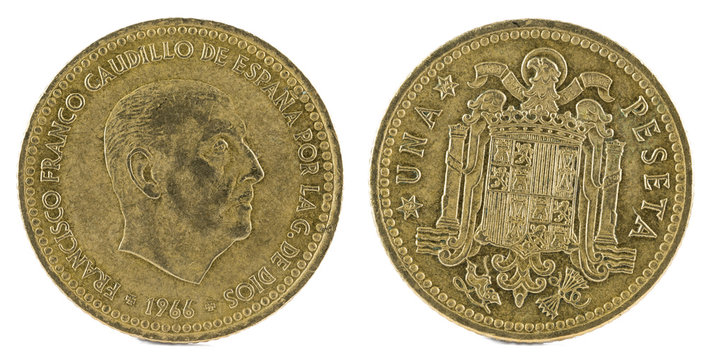Old Spanish coin of 1 peseta, Francisco Franco. Year 1966, 19 74 in the stars.