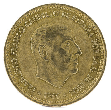 Old Spanish coin of 1 peseta, Francisco Franco. Year 1966, 19 74 in the stars. Obverse.