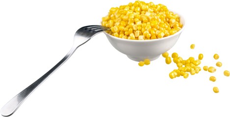 Sweet yellow corn in white bowl with fork isolated on white