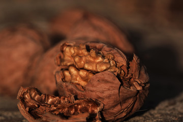 Walnut. Walnut kernels and whole walnuts on rustic old oak table.
