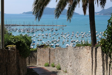 Sentiero verso il porto tra mura e palma con barche