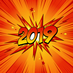 New Year 2019 pop art comic background lightning blast halftone dots.