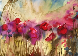 Papier Peint photo Lavable Inspiration picturale De belles aquarelles qui apportent des fleurs aux salaires, des coquelicots