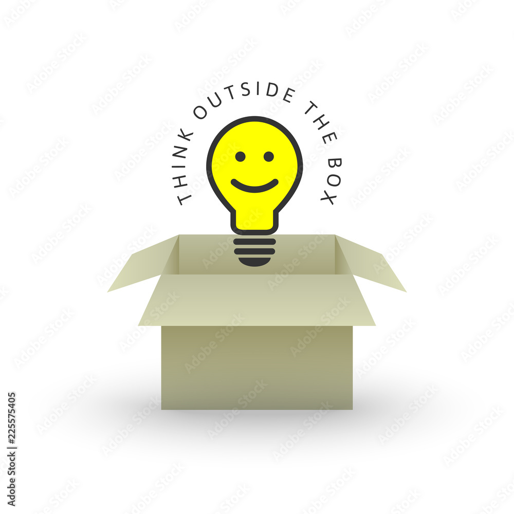 Poster smiling lightbulb with a good attitude and cardboard box as motivation and think outside the box con