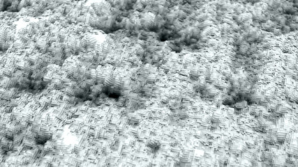 Abstract futuristic cubic surface 3D illustration. Black and white voxel grid particle blocks moving up and down in waves on white. Technology, information and future concept background.