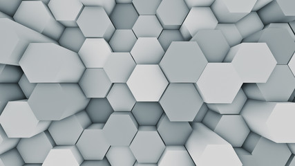 Abstract modern hexagonal surface 3D illustration. Bright blue voxel grid particle honeycombs moving up and down in waves. Technology, information and future concept in loopable background.